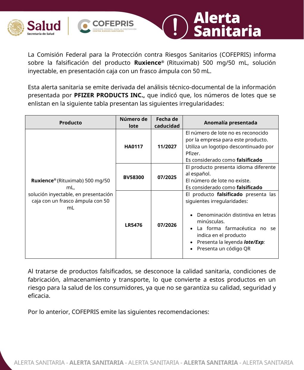 Emite Cofepris alerta sanitaria por medicamento oncológico falsificado