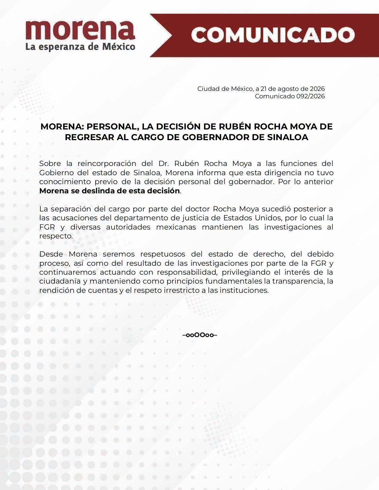 Piden diputados de Morena a Rocha solicitar licencia nuevamente