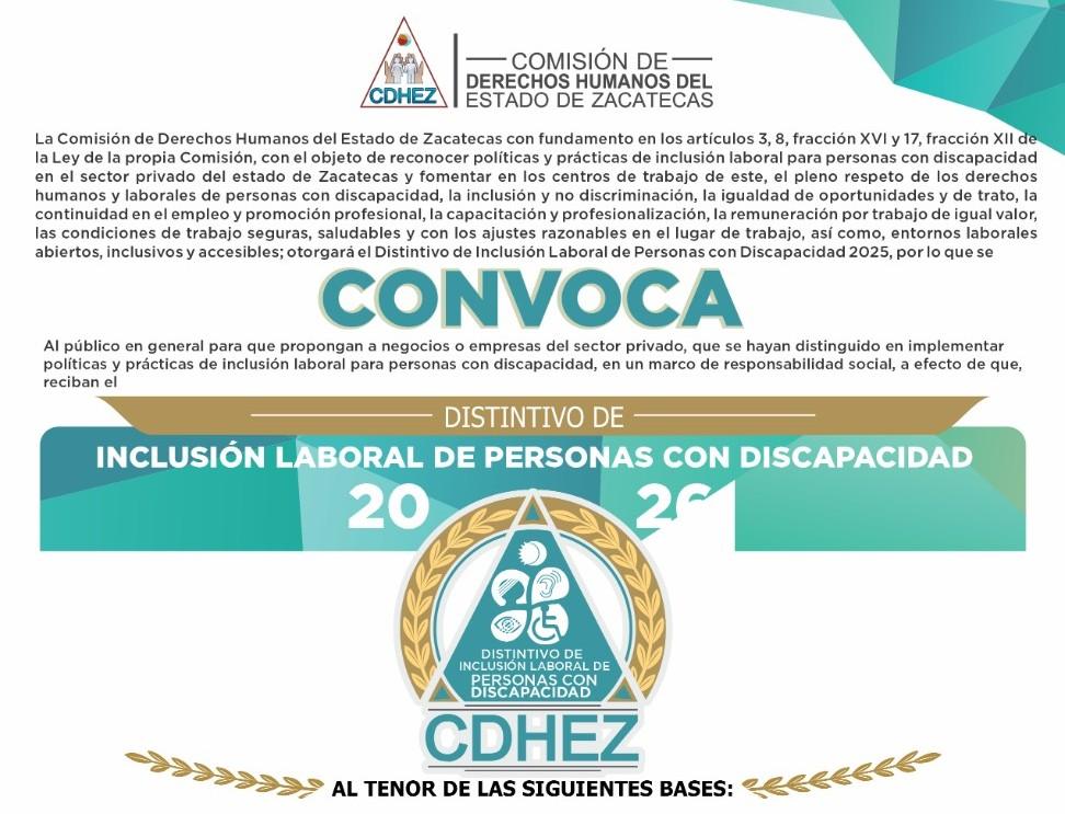 Lanza CDHEZ convocatoria 2026 para galardonar la inclusión laboral en empresas de Zacatecas