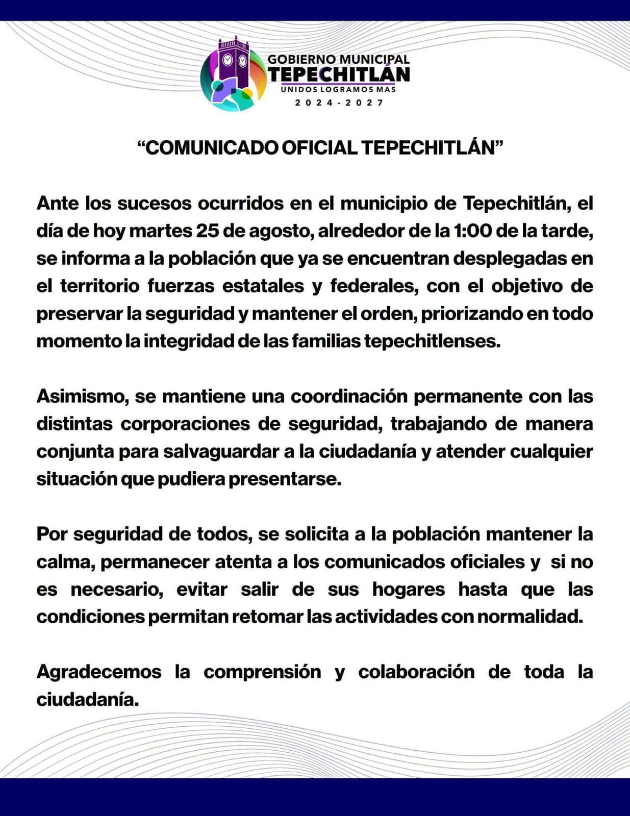 Despliegan fuerzas estatales y federales tras hechos en Tepechitlán