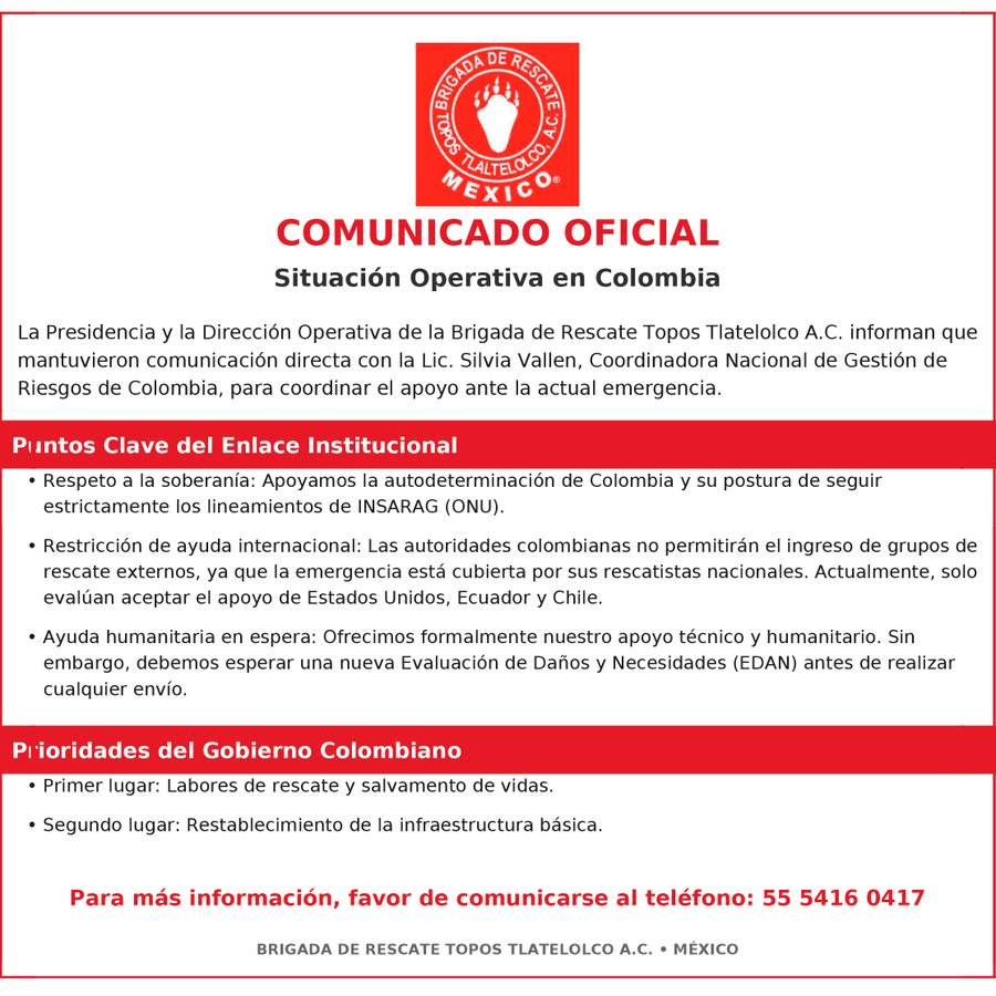 ¿Rechaza Colombia apoyo de la Brigada de Rescate Topos?